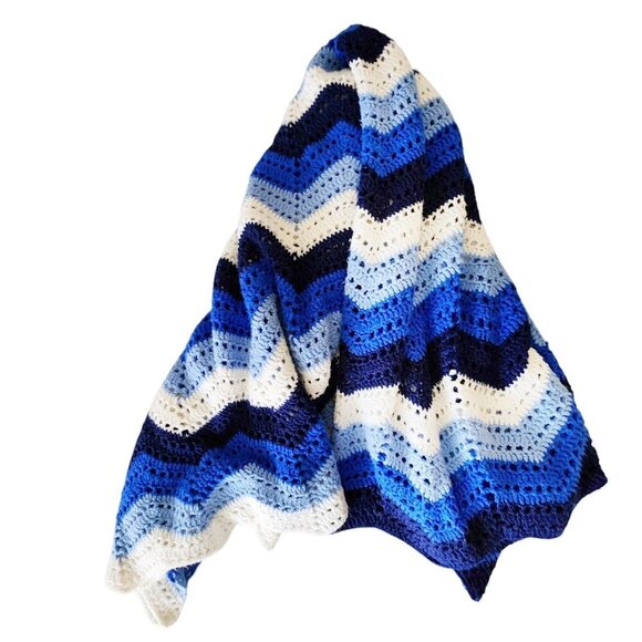 Vintage Crochet Afghan Blanket Handmade Canada Blue Chevron 72” Square Coastal - Picture 5 of 5